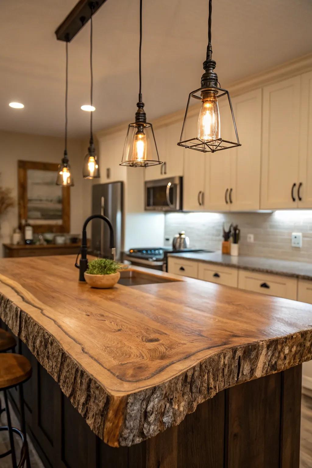 Pendant lighting creating a striking focal point with a live edge countertop.