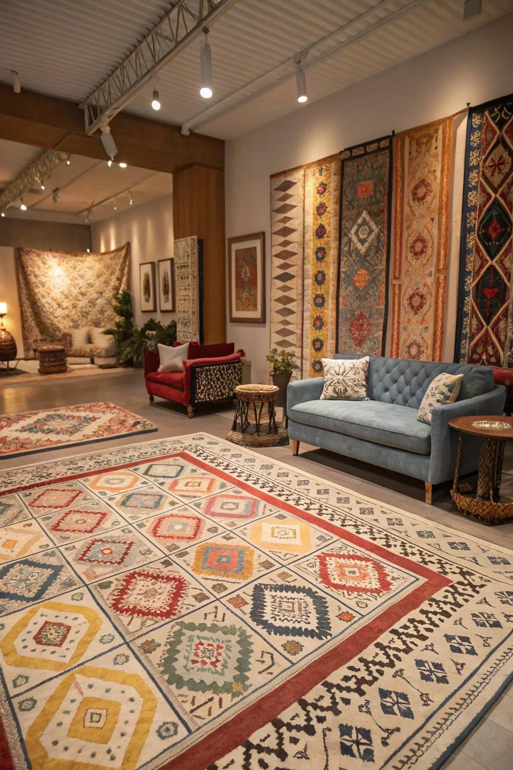 Room featuring mixed patterned carpets for a playful and dynamic look