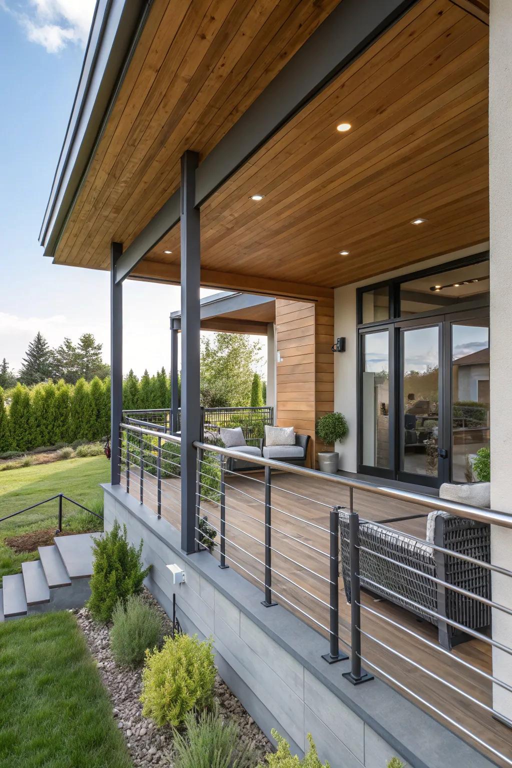 Mixed materials bring a modern twist to porch design.