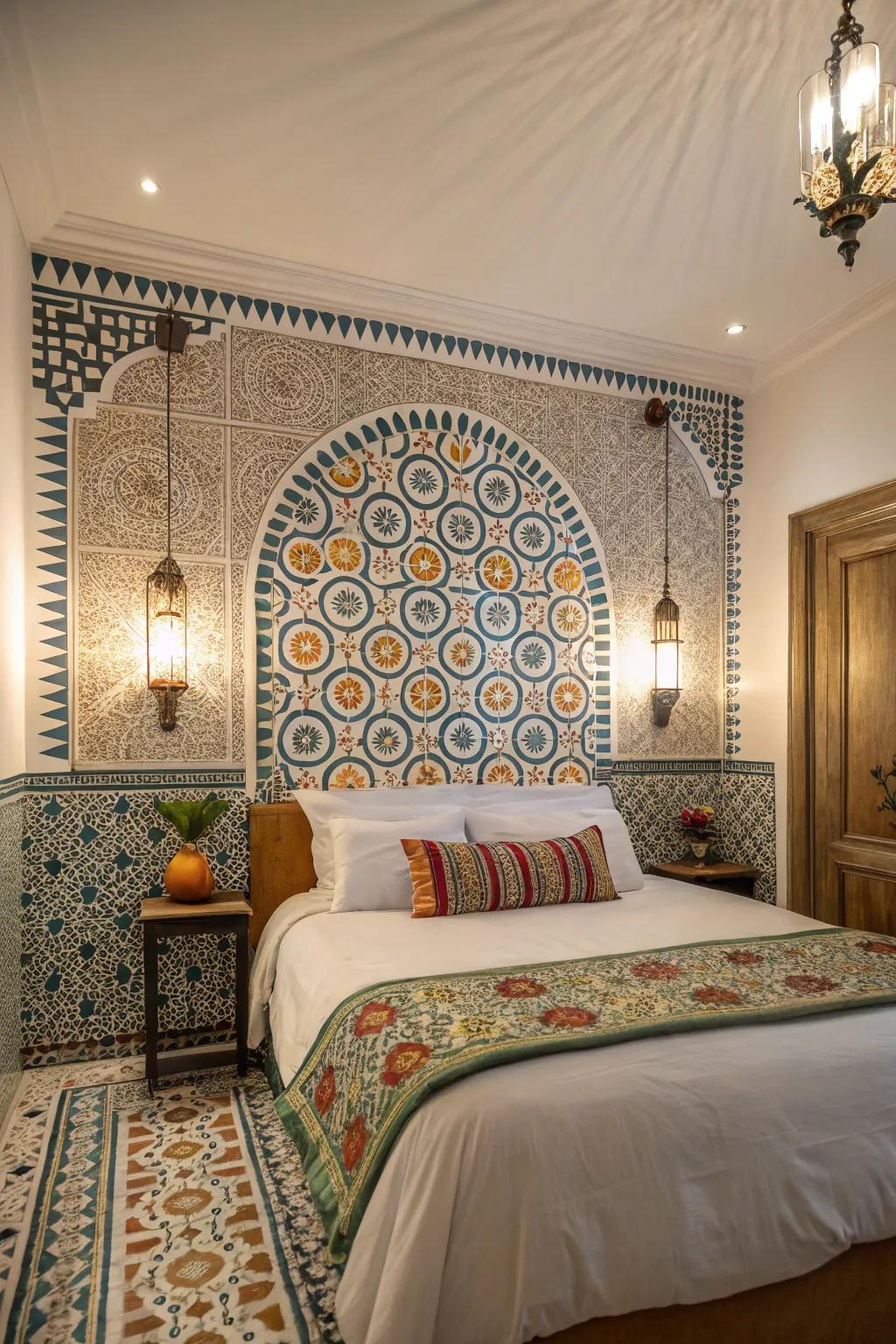 Moorish patterned tiles add exotic flair to a modern Spanish bedroom.