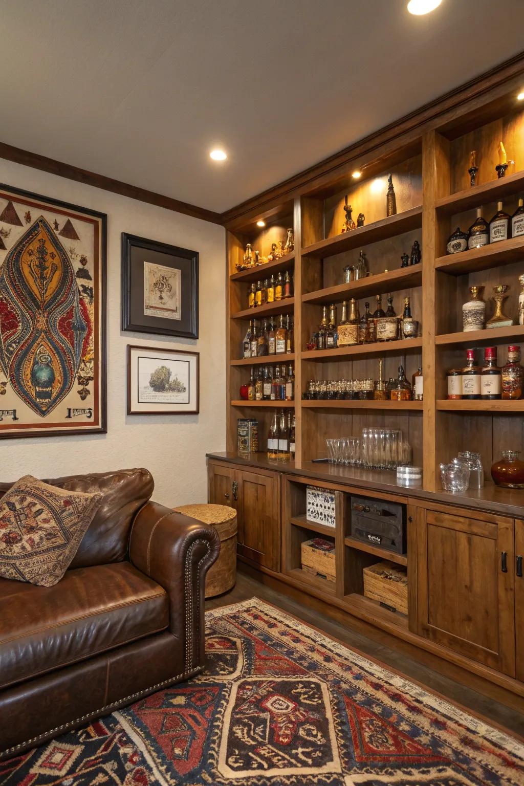 Cultural decor adds a layer of personal storytelling to your whiskey room.