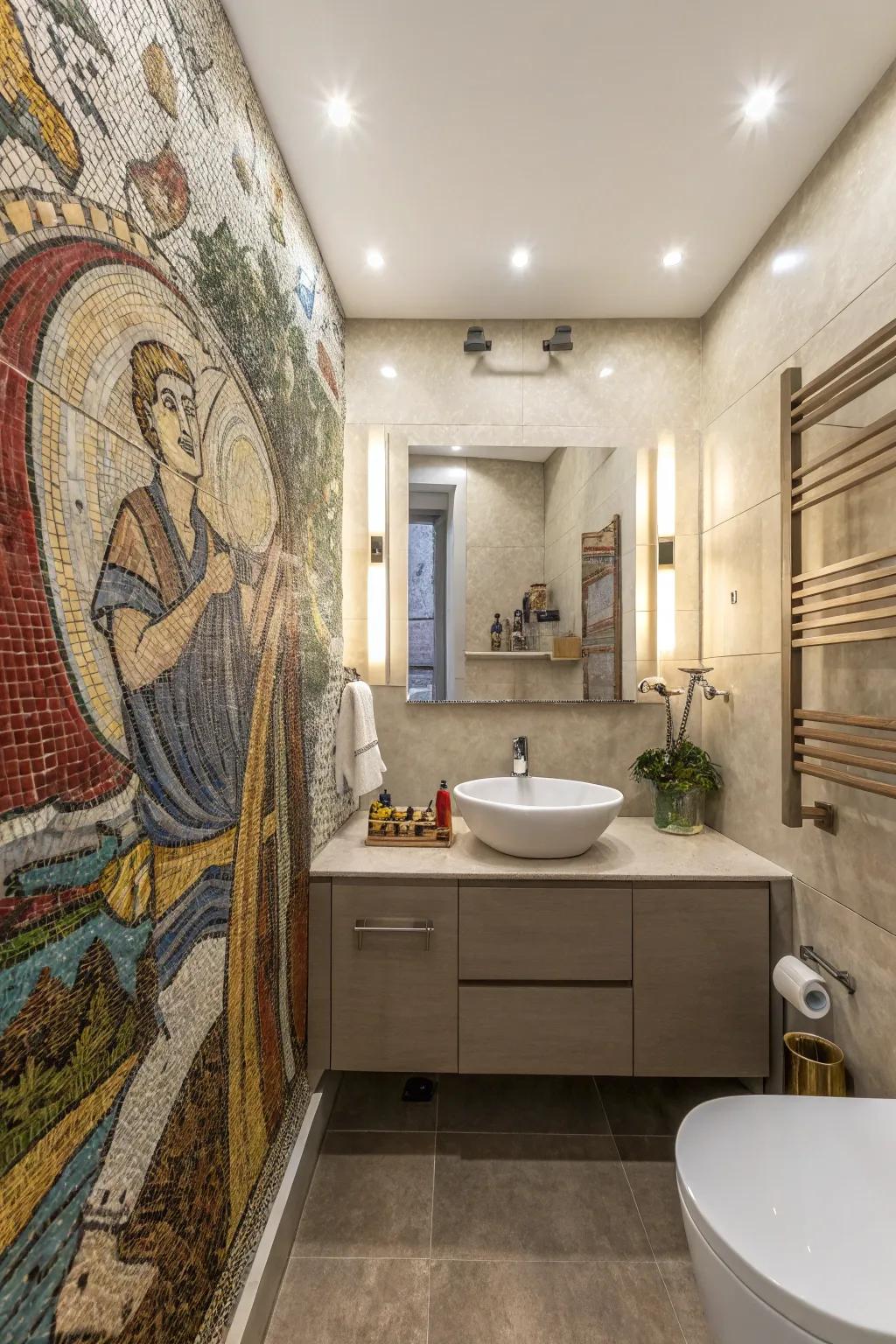 An artistic bathroom featuring a bespoke mosaic mural.