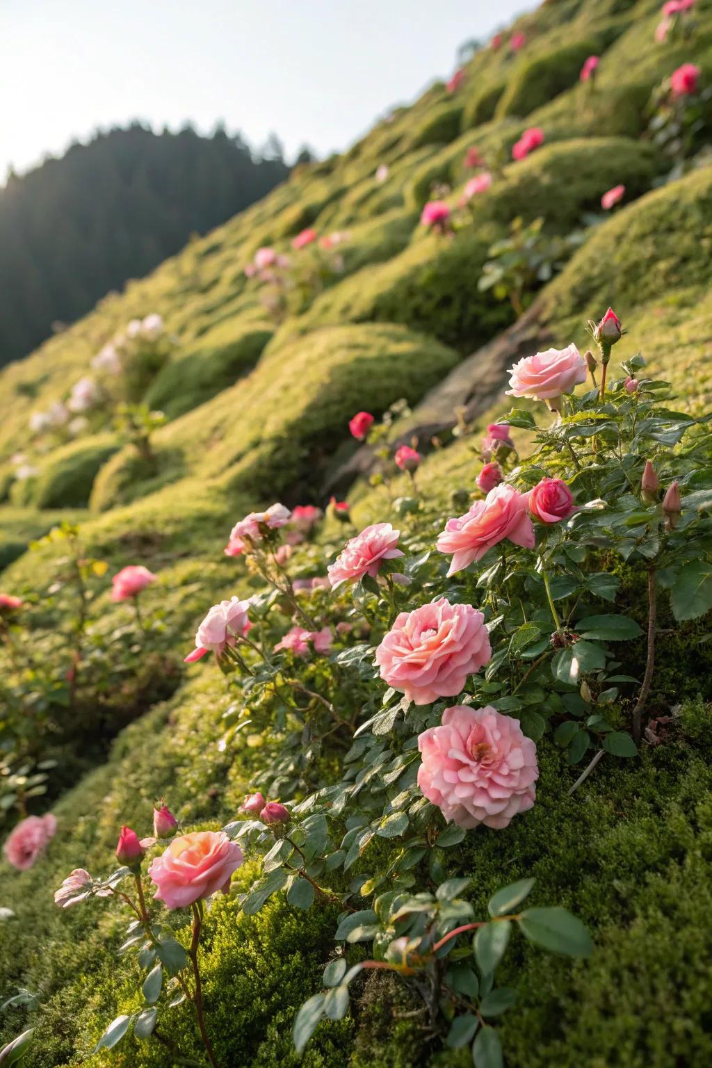 Moss roses provide vibrant coverage on a sunny slope.