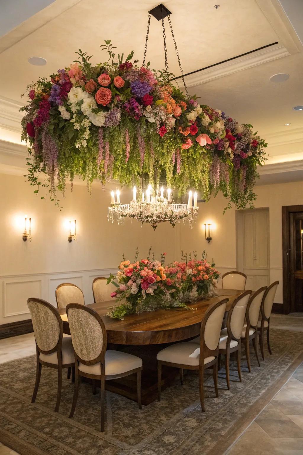 A floral chandelier creates a whimsical, garden-like atmosphere.