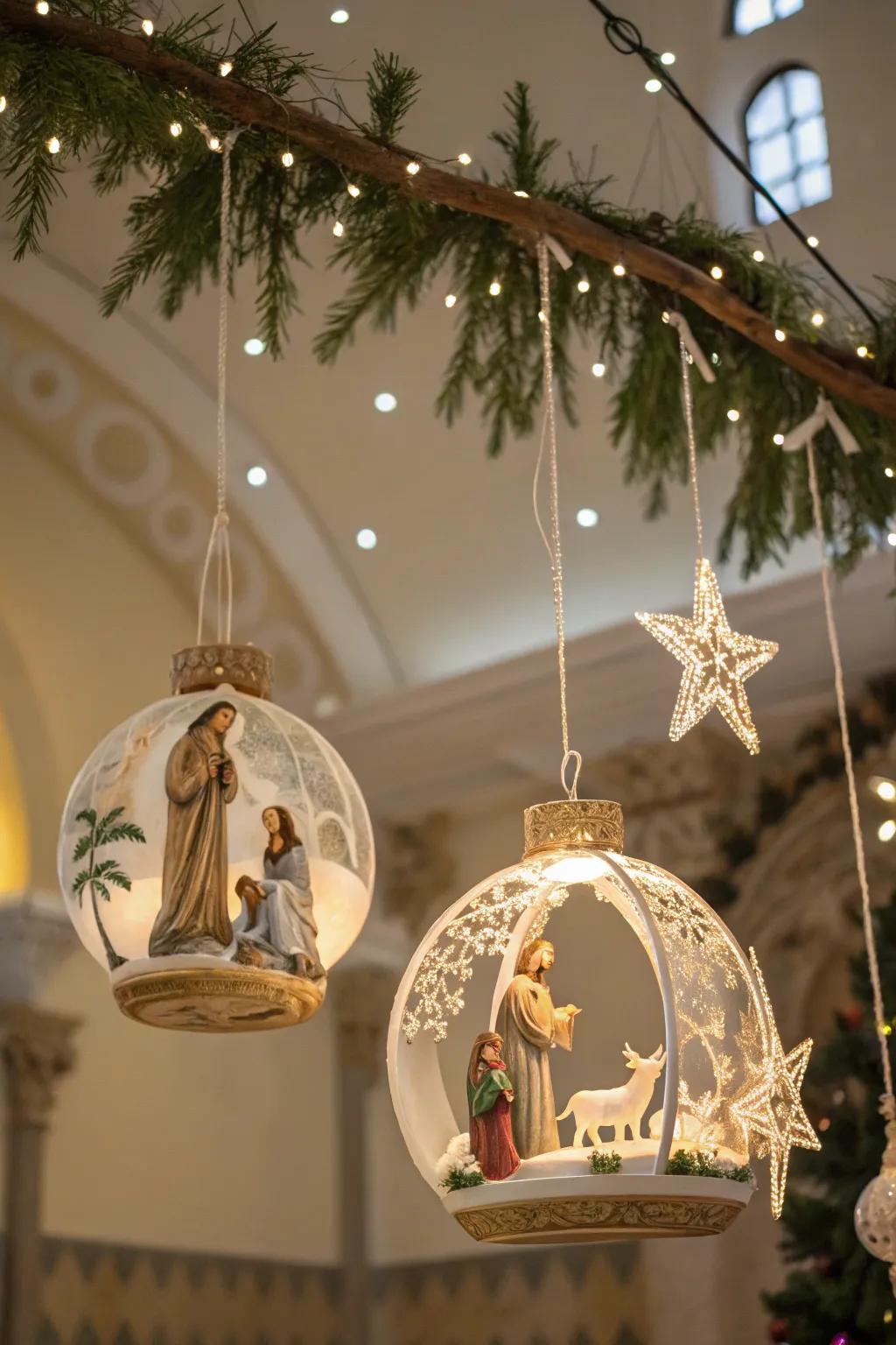 Floating nativity ornaments create an ethereal display.