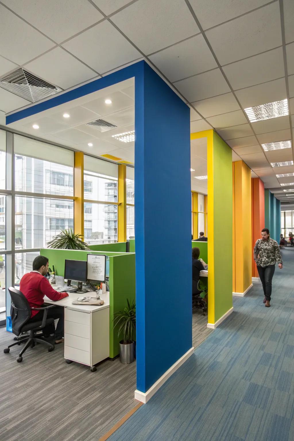 Painted partitions bring color and energy to office environments.