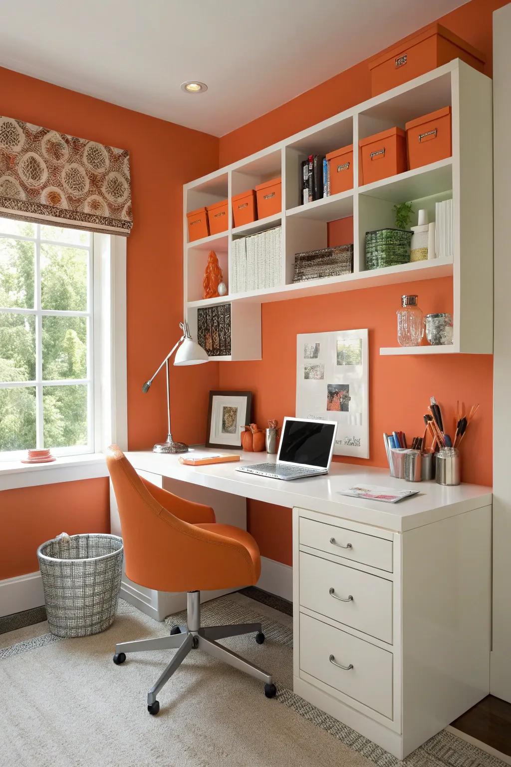 Orange and white decor that creates an inspiring and energizing home office.
