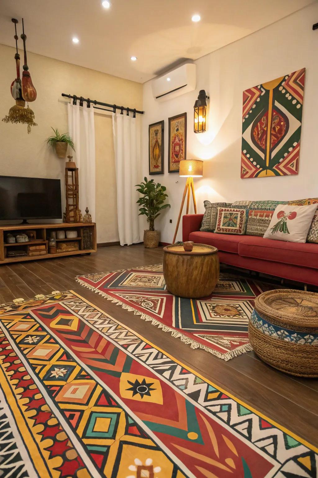 A living space with vibrant ethnic print-painted floors, creating a lively cultural hub.