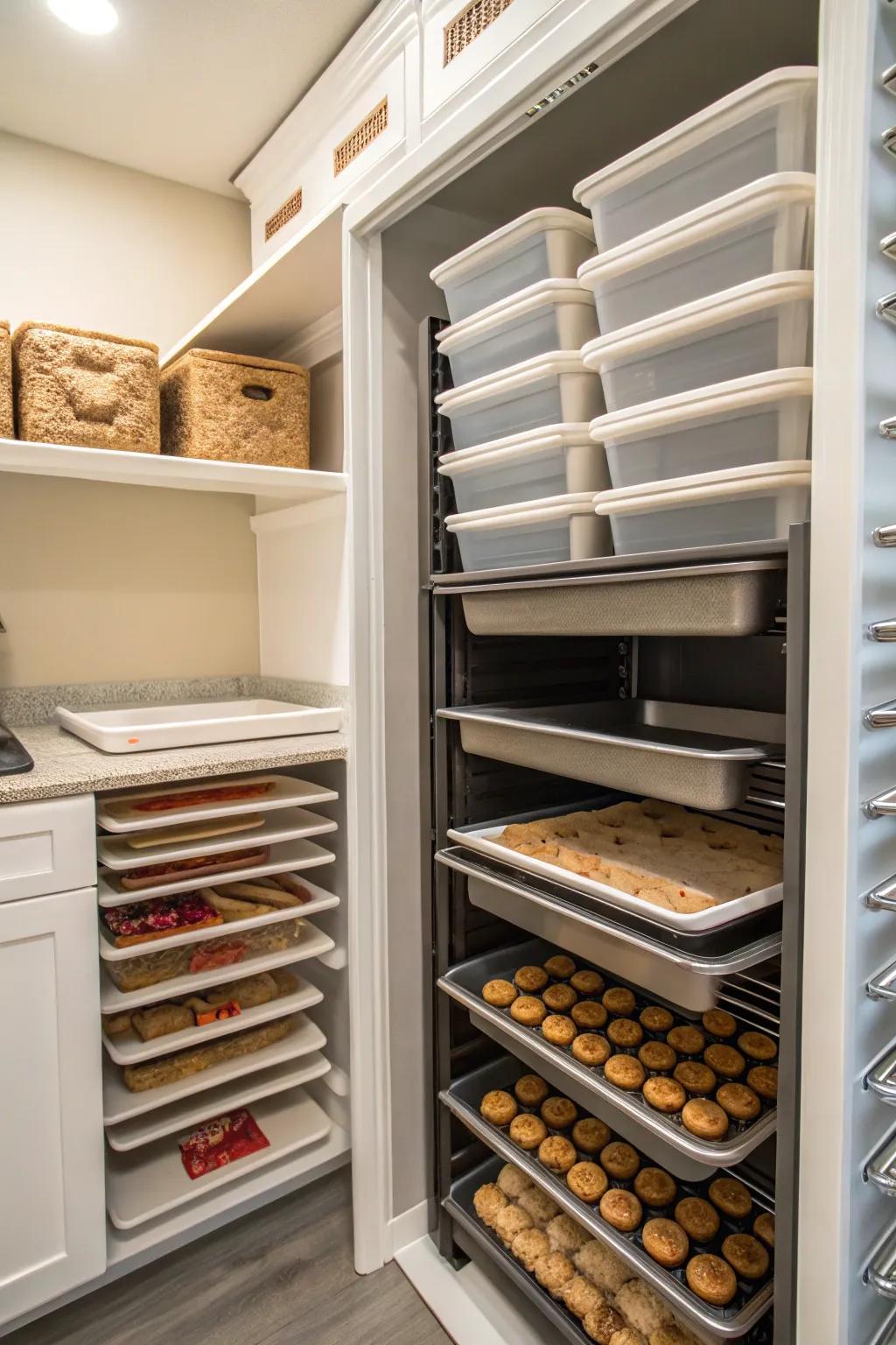 Vertical dividers in a pantry organize trays and baking sheets efficiently.