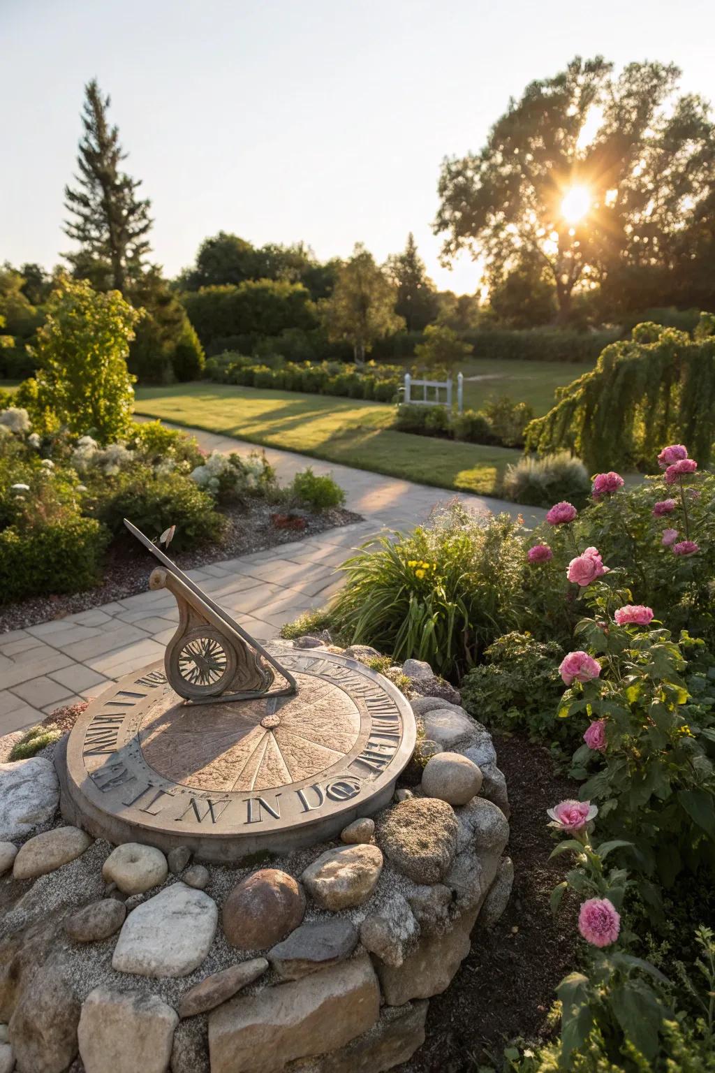 A decorative rock sundial blending function and beauty in a garden.