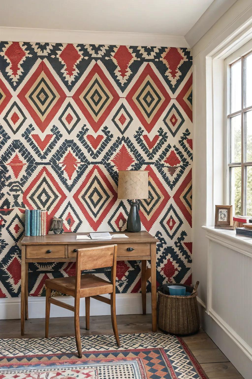 Bold wallpaper adds personality and flair to the space.