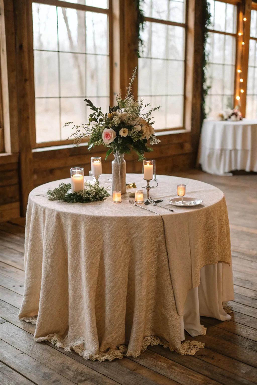 Natural fiber tablecloth for an eco-friendly wedding.