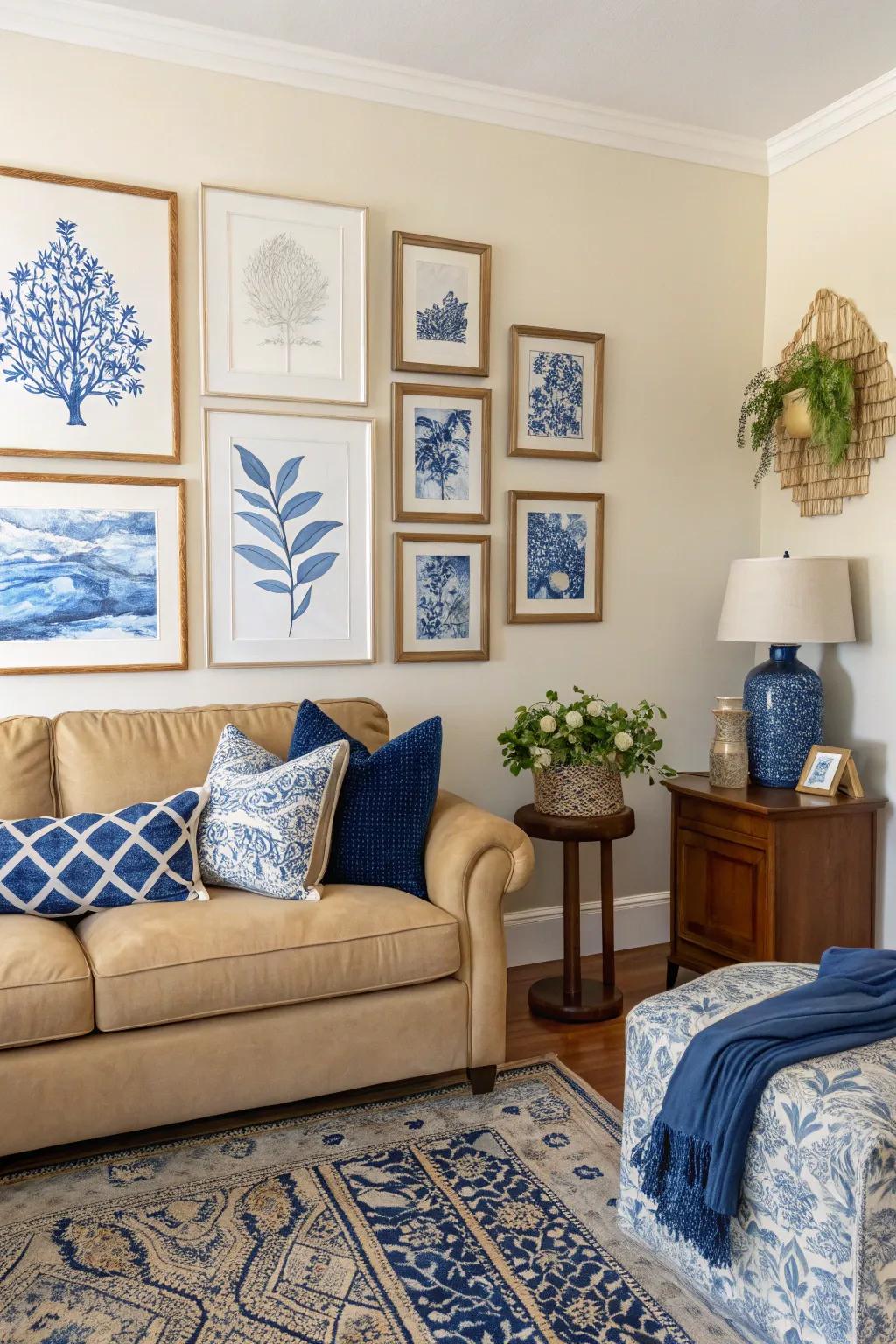 A gallery wall with sapphire artwork adds personality and charm.