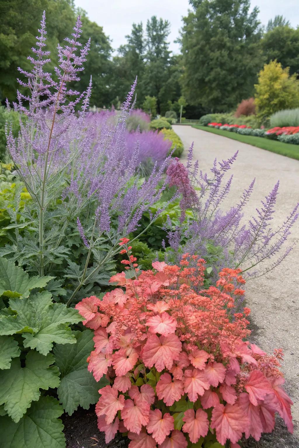 An unexpected garden pairing with Russian sage and coral bells.