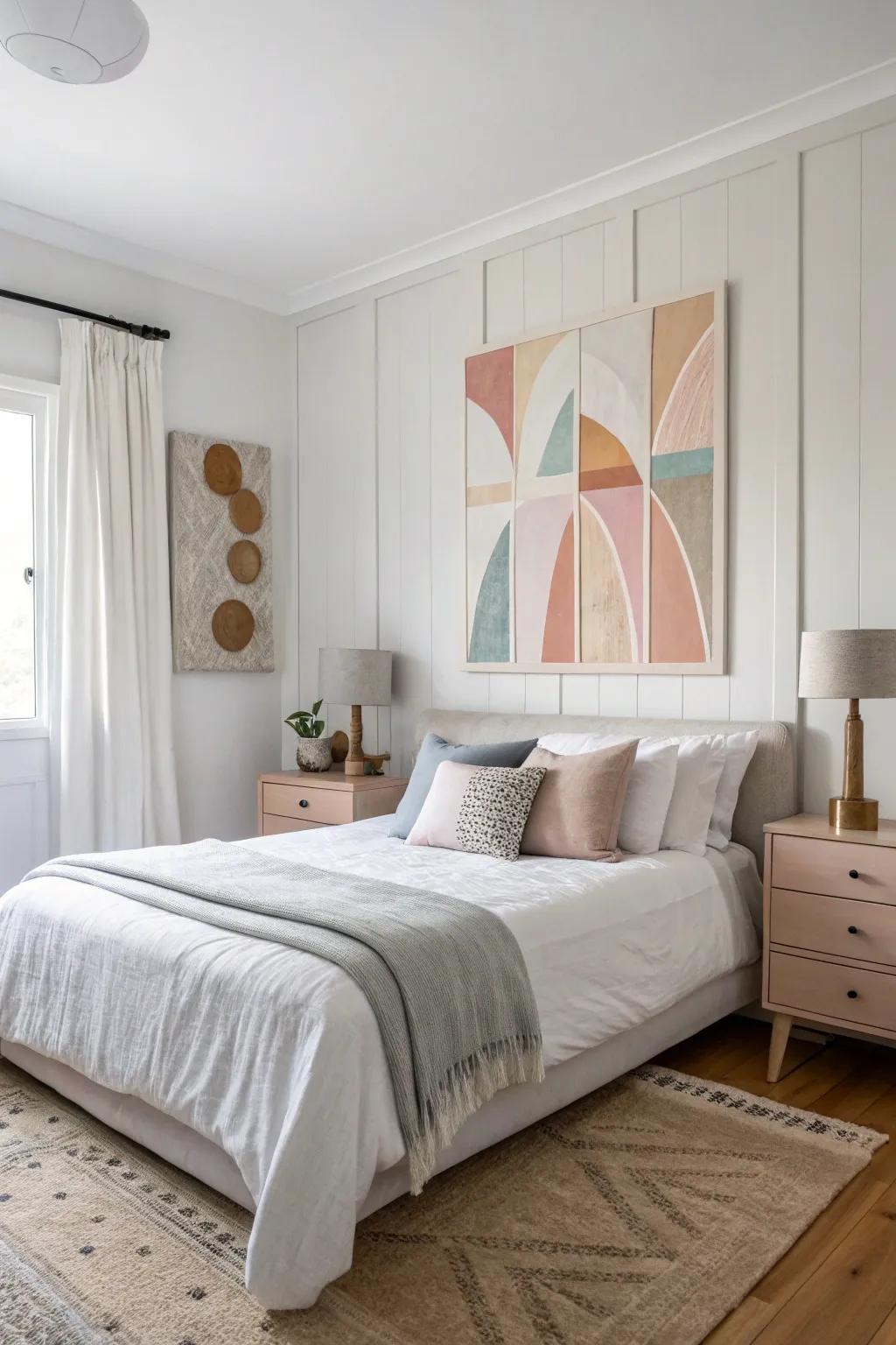 A bedroom with a DIY abstract canvas painting in a Scandinavian style