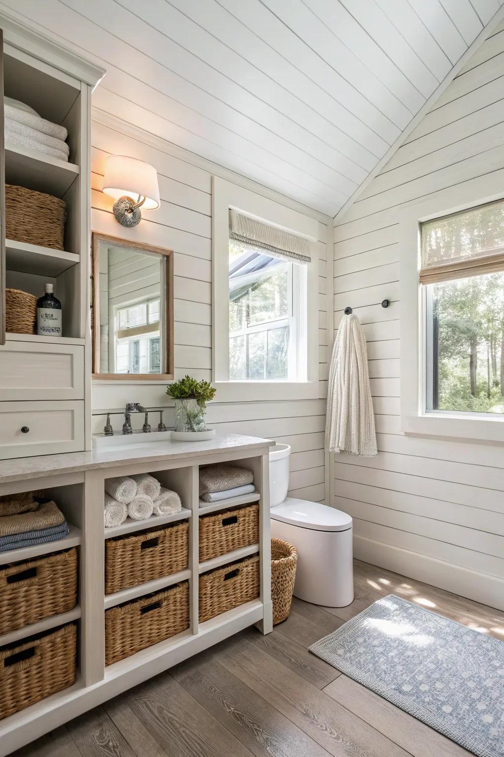 A bathroom with shiplap walls featuring hidden storage.