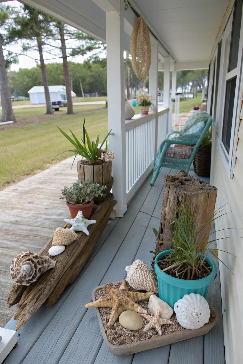 Themed decorations fashion a distinctive veranda atmosphere.