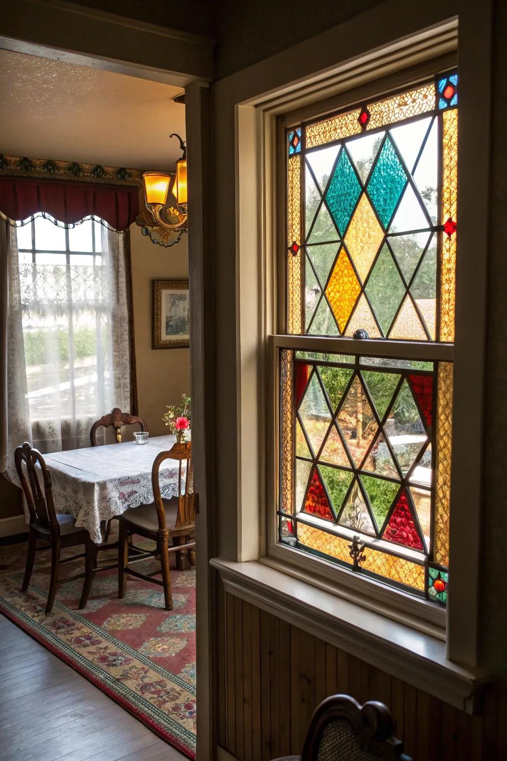 Painted glass windows provide artistic flair and colorful charm.