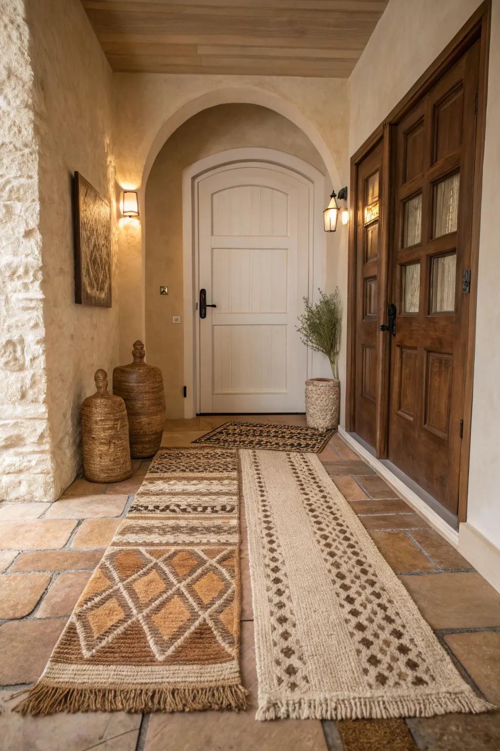 Layered rugs creating a textured and inviting entryway.