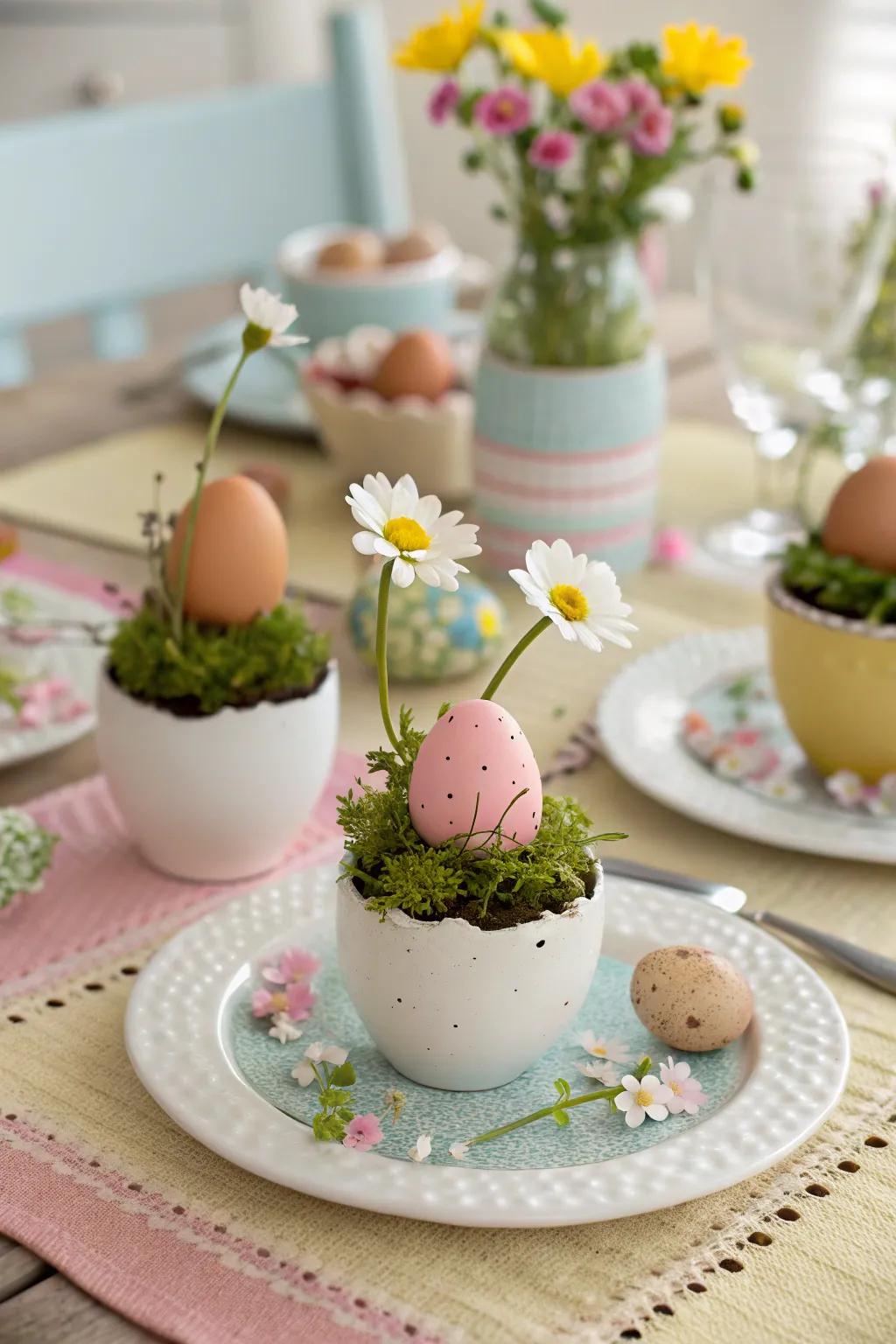 Eggshells make adorable scaled down flower holders for a capricious table setting.