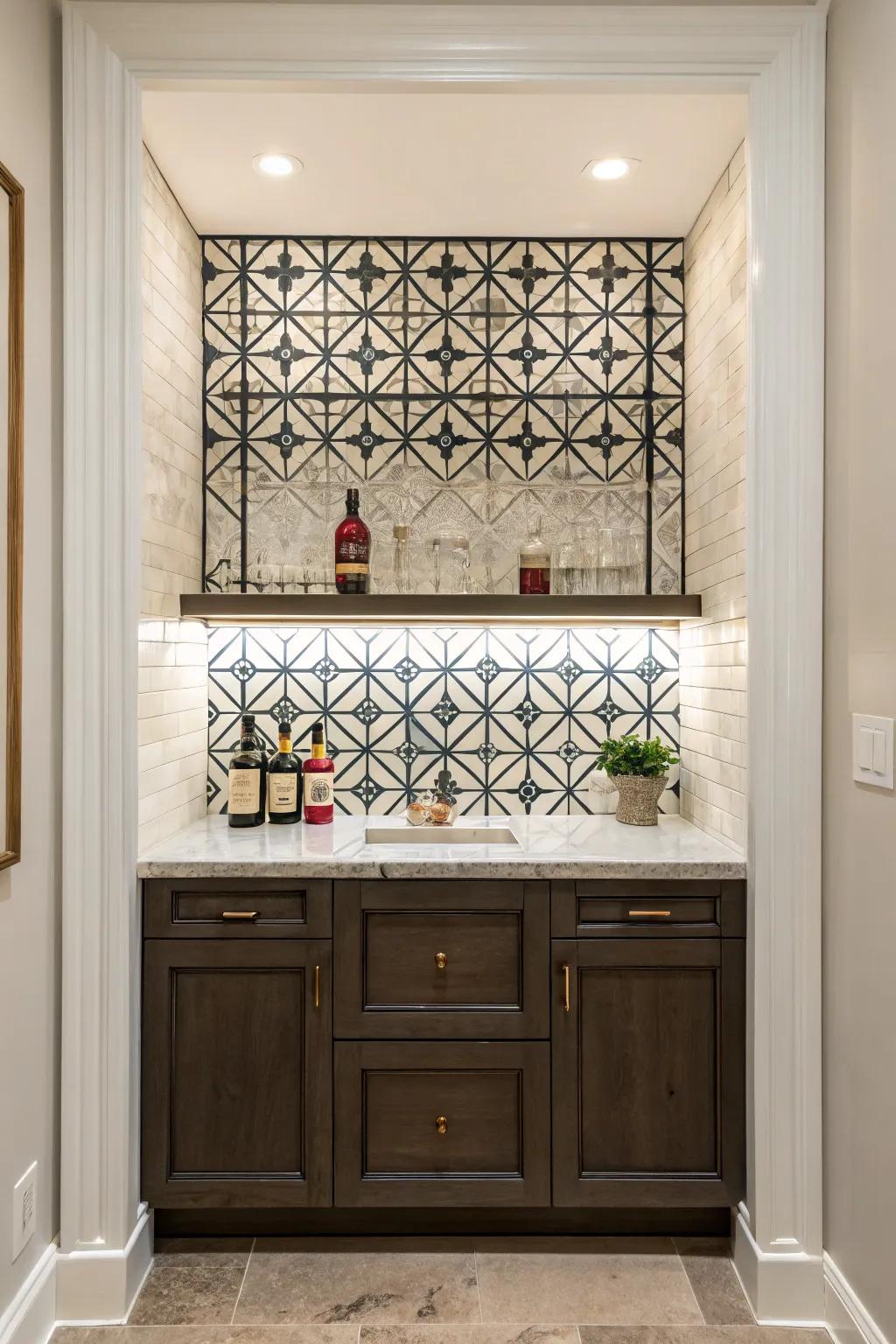 Geometric patterns adding interest to a small wet bar.