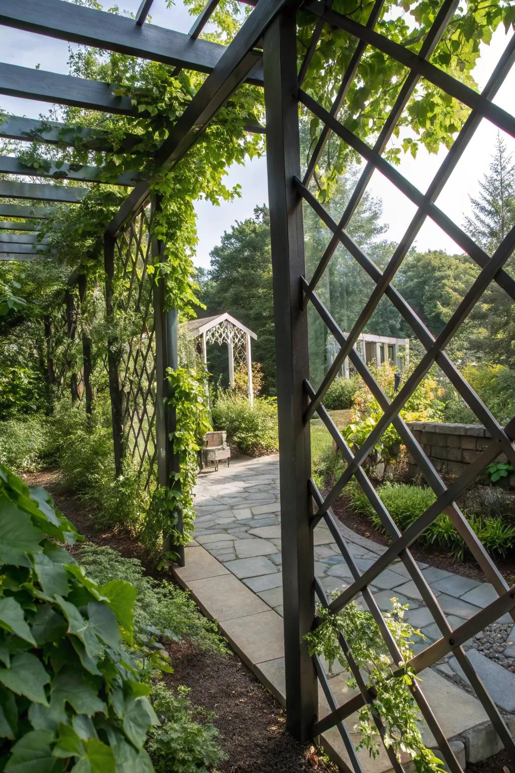 Mirrored trellises creating an illusion of space and privacy.