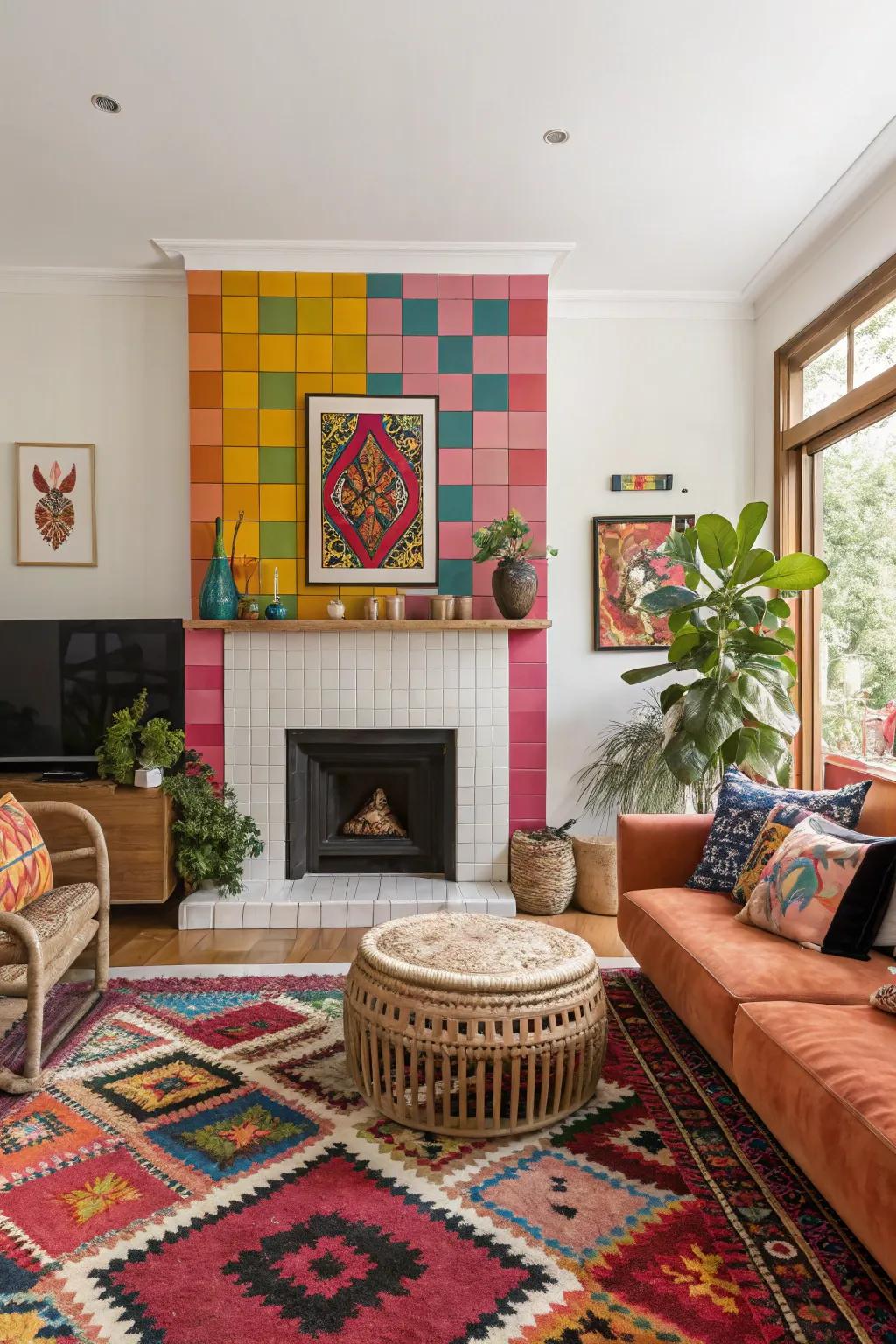 Bold color blocking turns this fireplace into a vibrant piece of art.