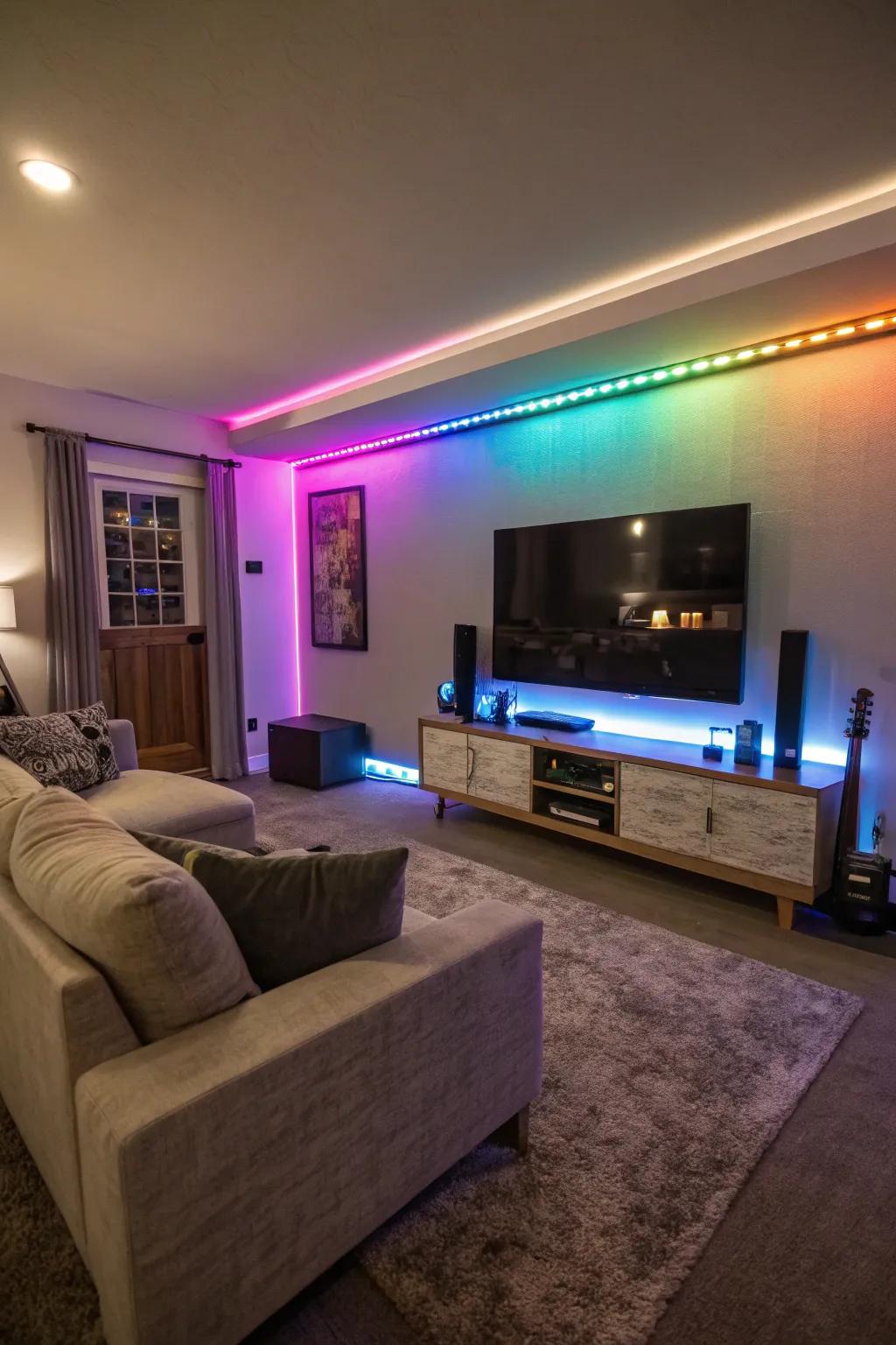 Dynamic LED strips provide a vibrant, modern touch to this TV accent wall.