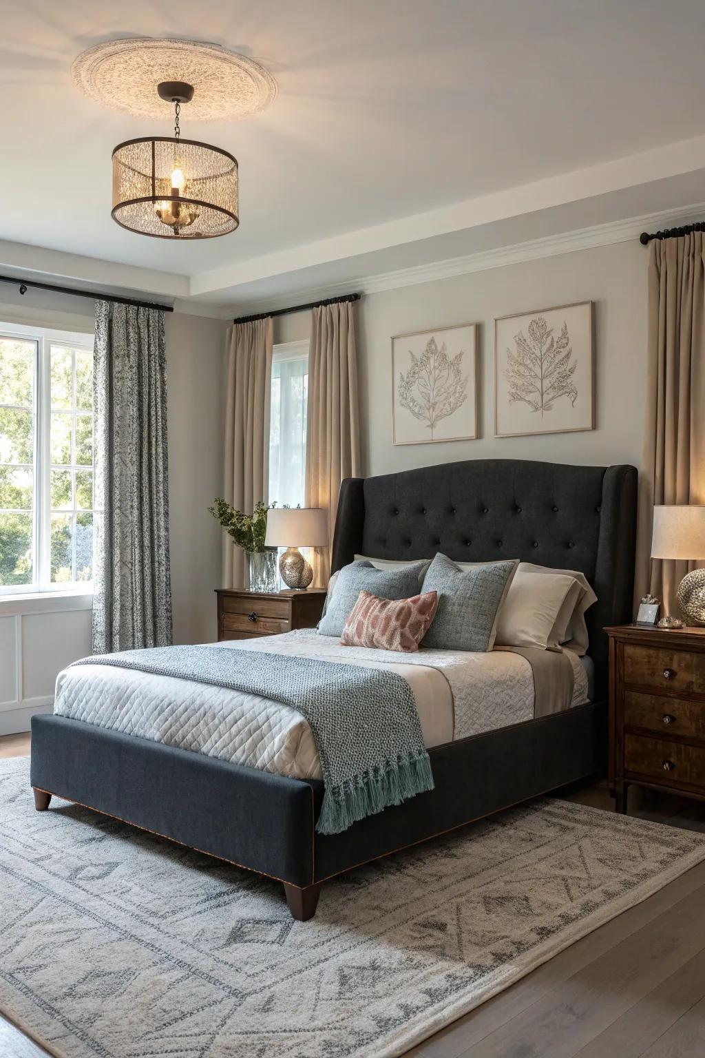 Dark upholstery adds depth and sophistication to a neutral room.