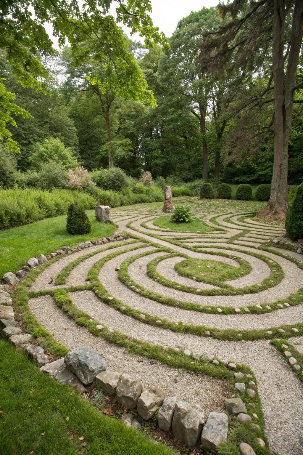 A gravel and grass labyrinth provides a textural walking journey.