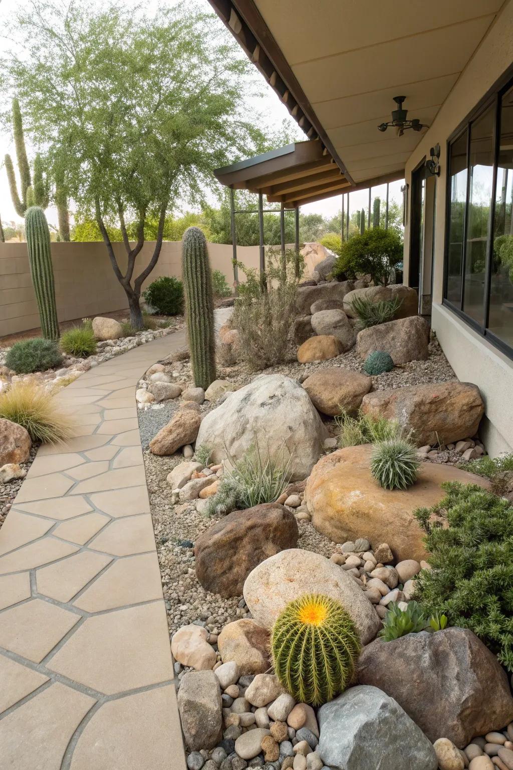 A rock garden adds natural beauty and texture to the patio.