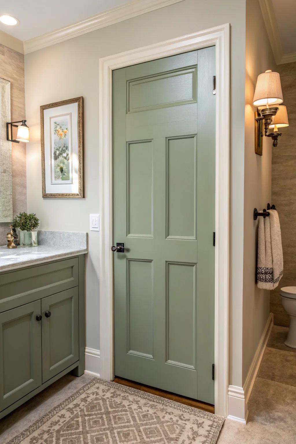 Sage green doors create a sophisticated and serene atmosphere.