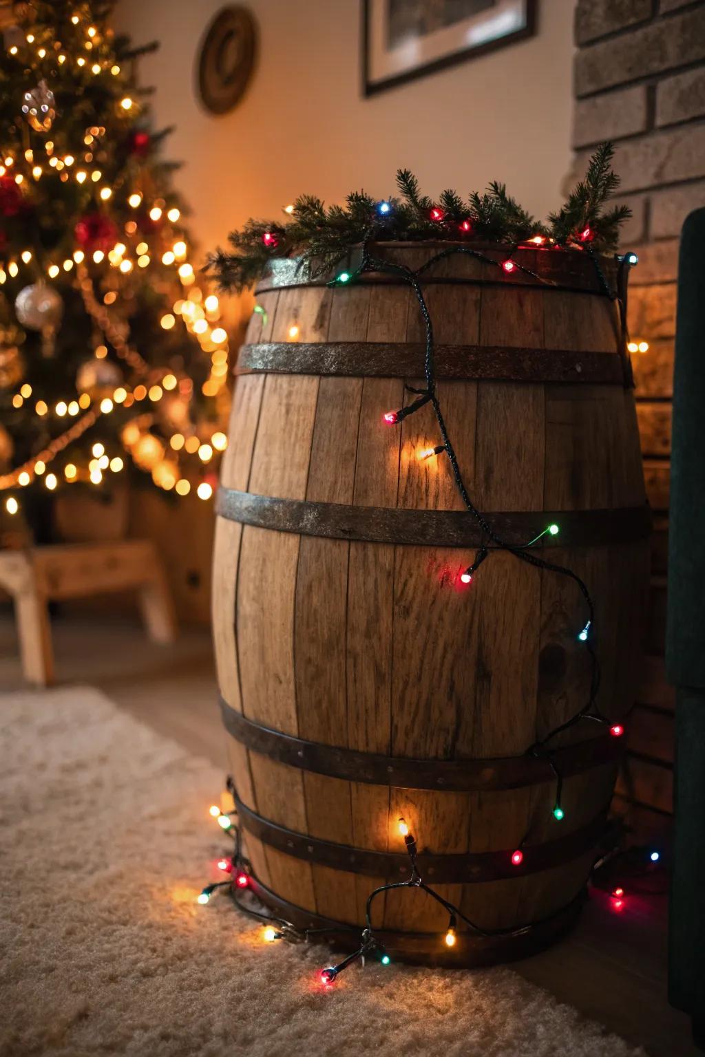 A holiday-themed cask spreading holiday cheer with lights.