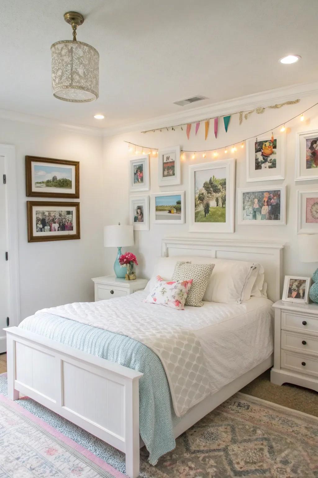 Personalized art adds warmth and personality to a white bedroom.