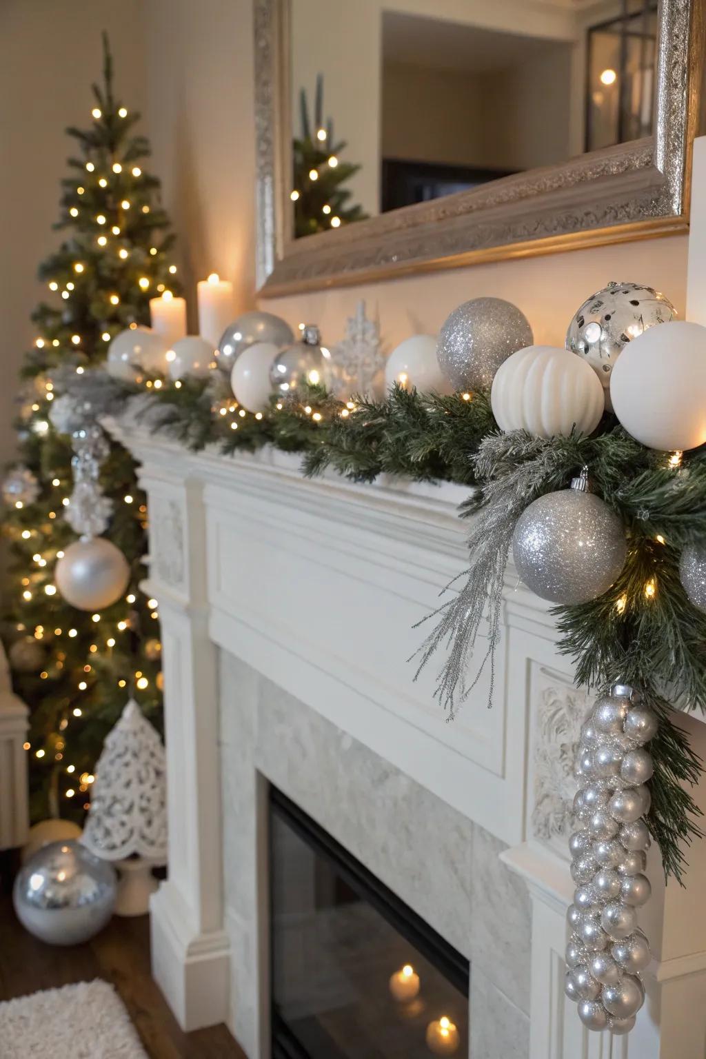 A white and silver mantel offers a chic and glistening focal point.