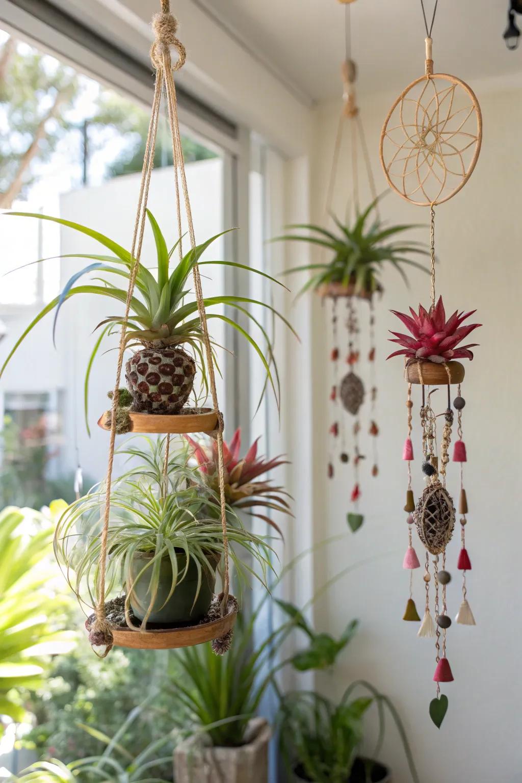 A whimsical air plant mobile adds movement to the space.