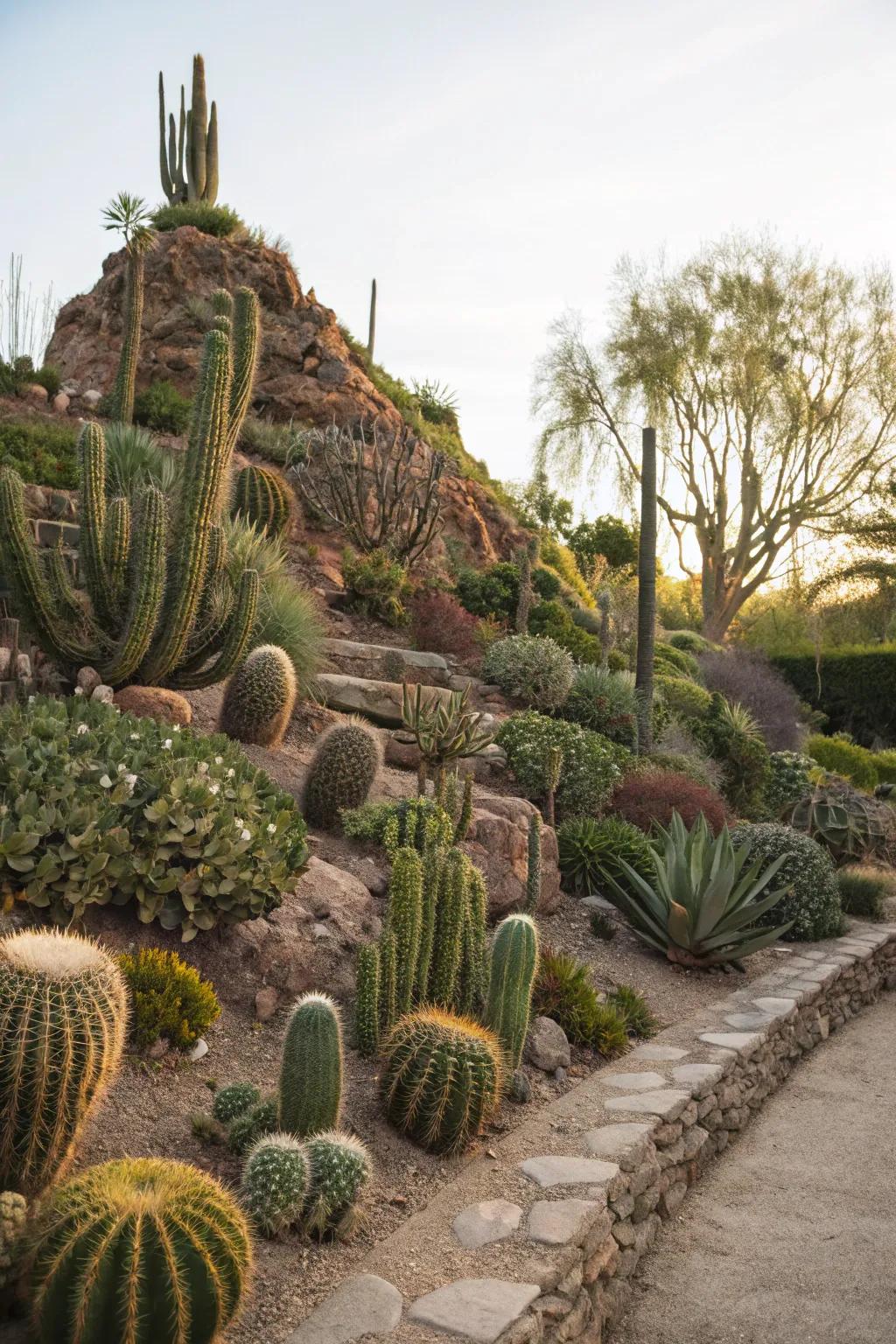 Cacti on a hill create a layered and dimensional landscape.