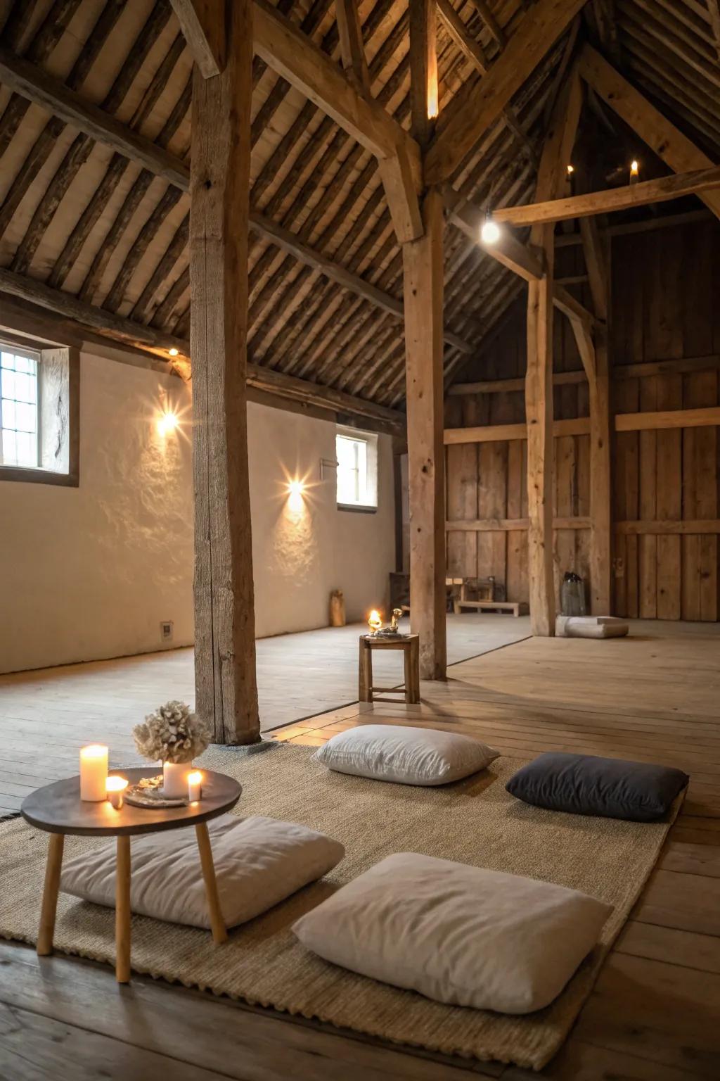 A barn retreat offers a peaceful sanctuary for meditation and relaxation.