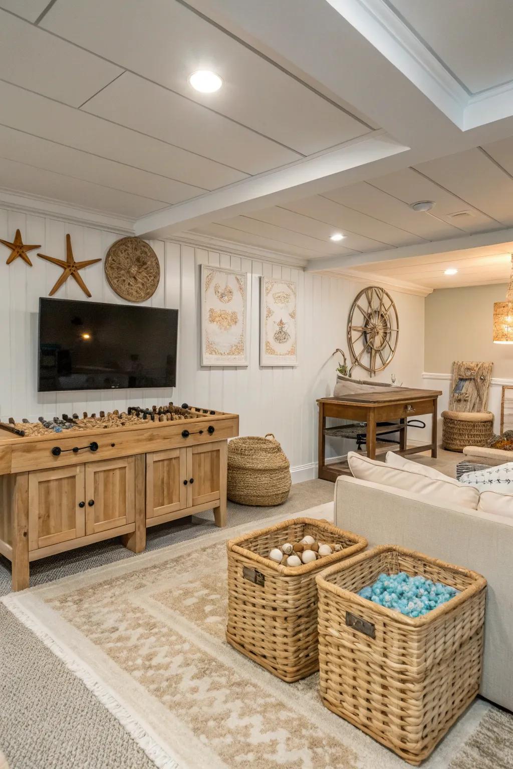 A coastal farmhouse theme offers a calming and inviting game room.