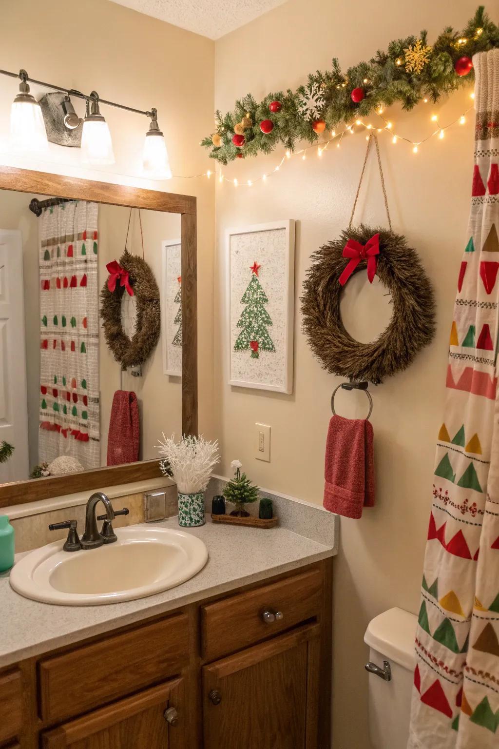 DIY crafts add a personal and creative touch to this festive bathroom.