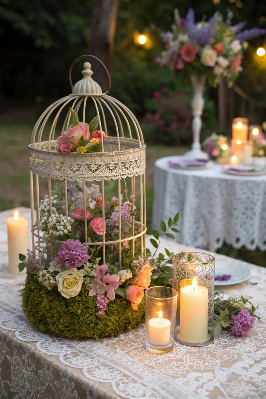 A bird cage makes a delightful centerpiece for a garden party.