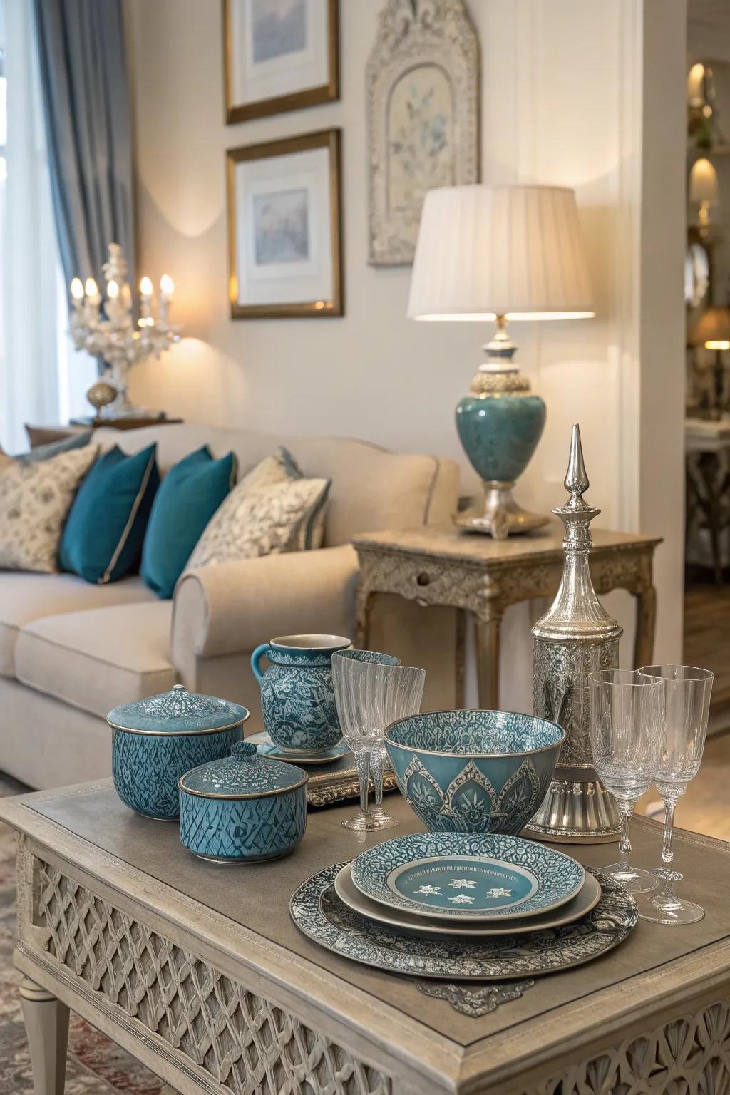 Azure and silver tableware contributes subtle grace to this family room's décor.