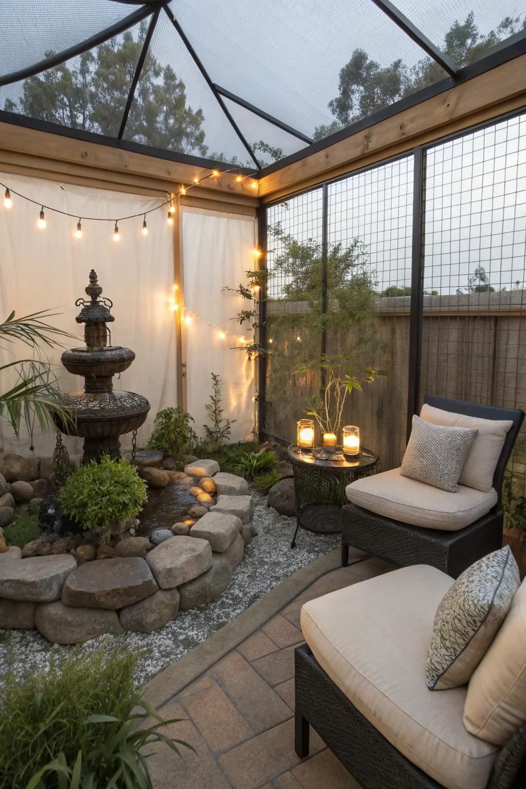 A serene zen retreat in a catio, offering peace and relaxation for cats.