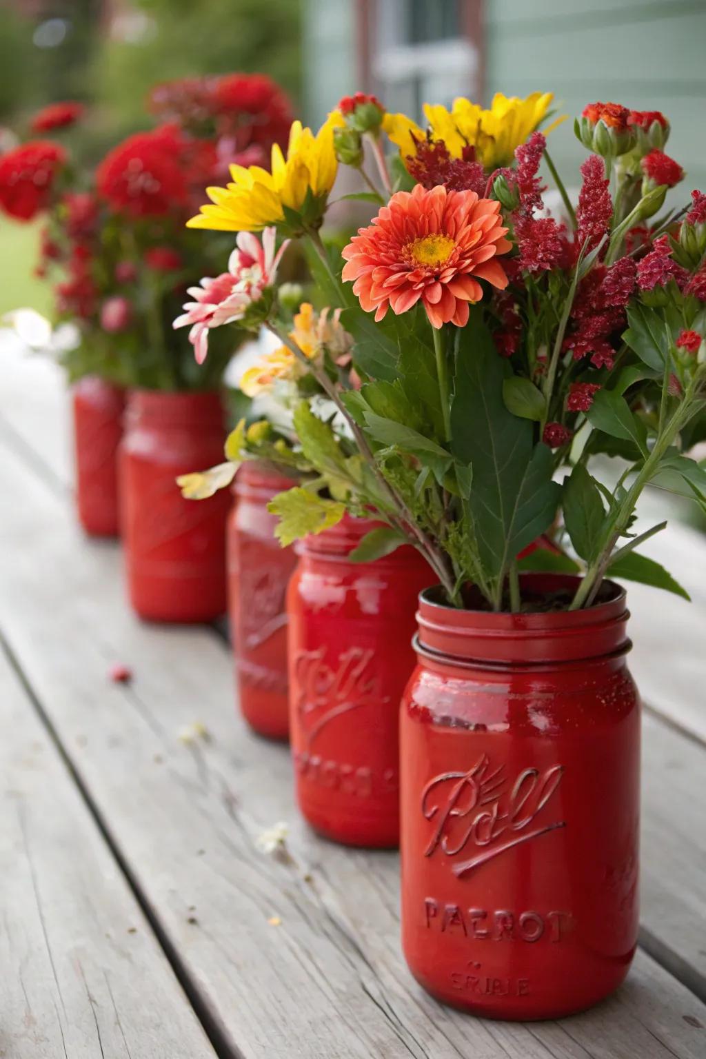 Chic red painted mason jars serving as versatile decor pieces.