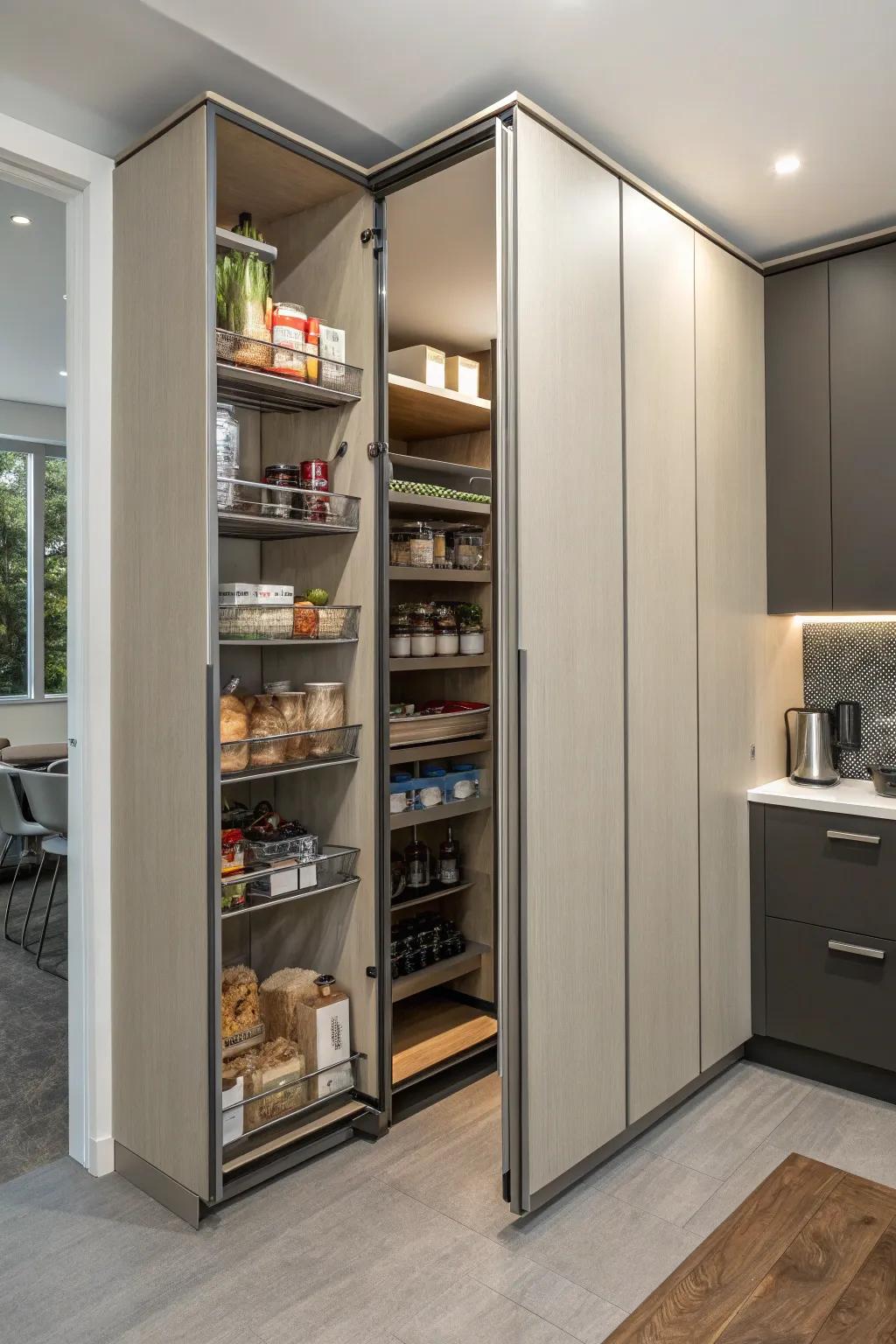 Sliding doors on a corner pantry for a modern touch.