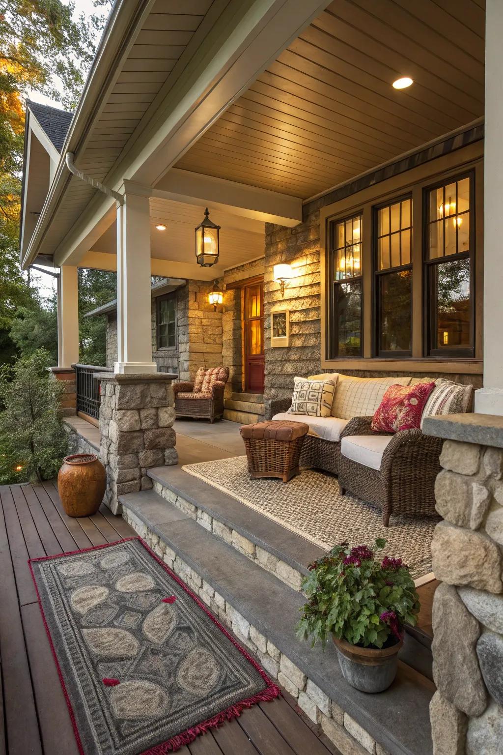 A mix of textures creates a cozy and inviting porch.