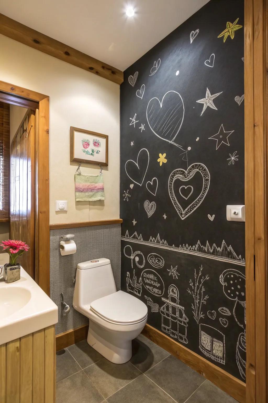 A bathroom featuring a creative chalkboard wall for personalized messages.