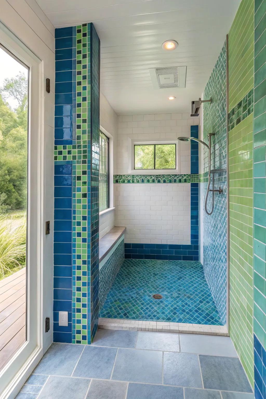 Bold color accents bring vibrancy and personality to this curbless shower.