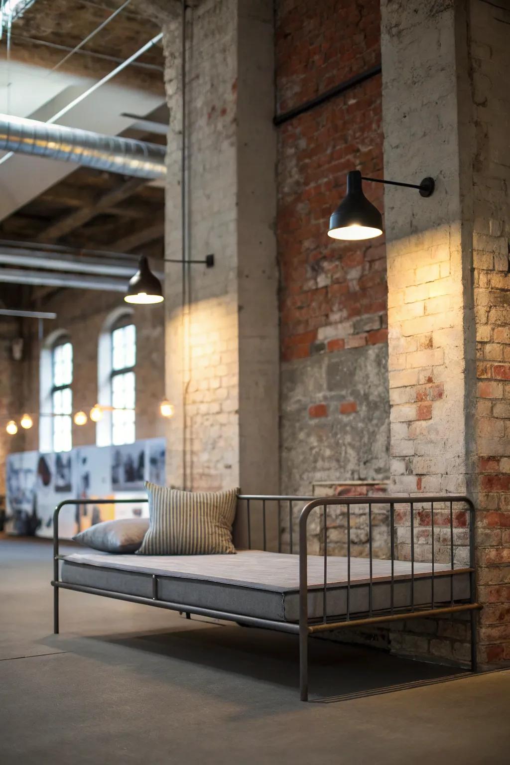 An industrial chic daybed setup, blending raw materials with modern design.