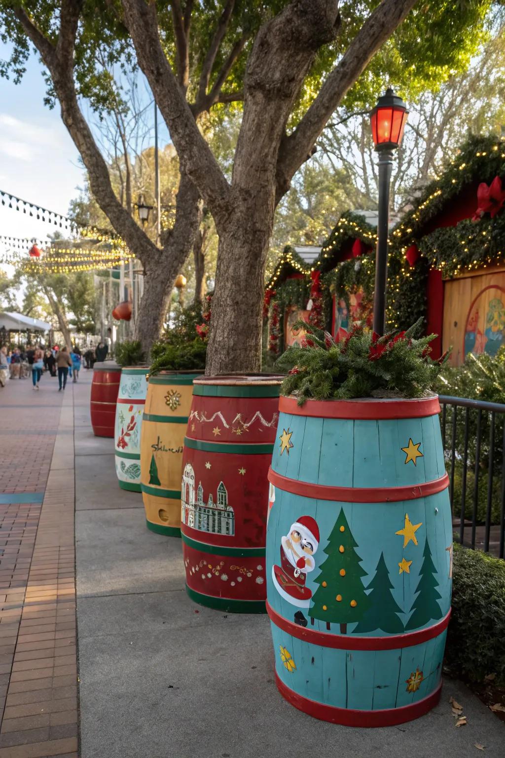 Festively decorated painted barrels